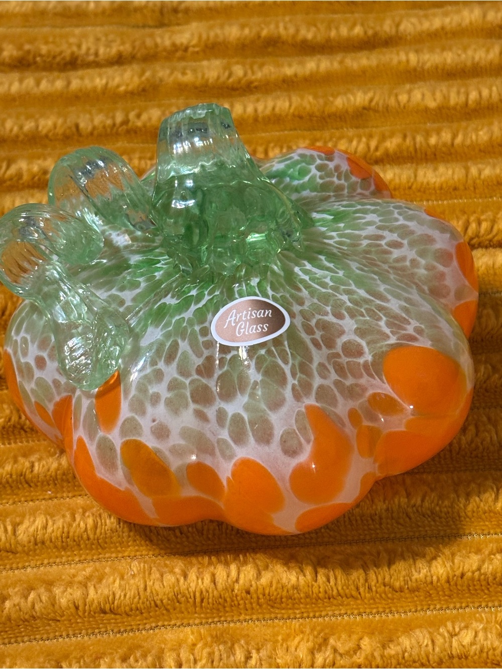 Artisan Glass Orange & Green Decorative Pumpkin - Home Art NWOT